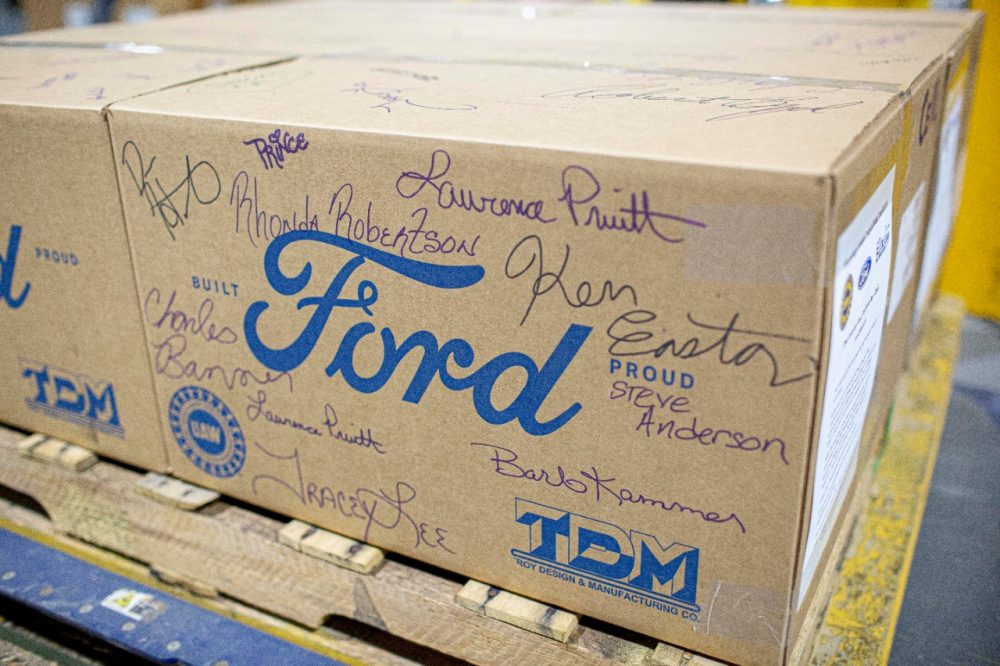 A signed box containing some of the last of the 120 million masks Ford donated during the pandemic