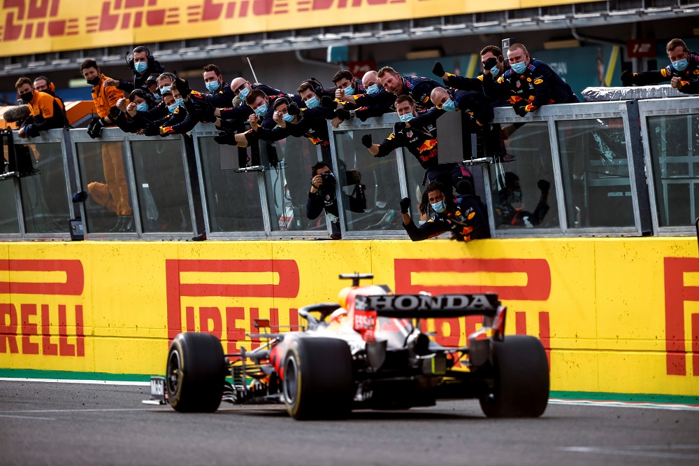 Red Bull Racing cheers on Max Verstappen as he wins the 2021 Emilia Romagna Grand Prix in Italy