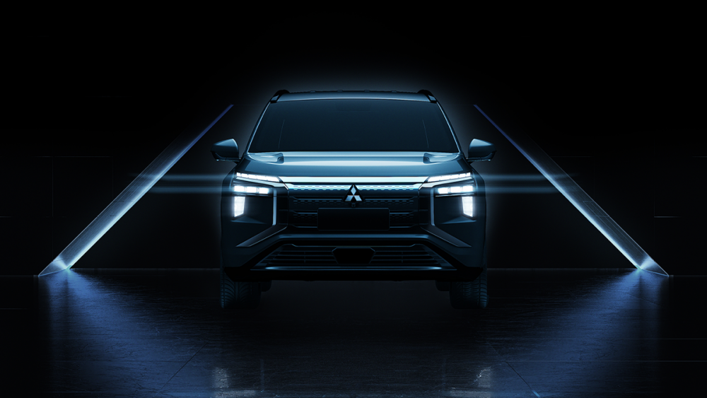 A teaser showing the front of the Mitsubishi Airtrek electric SUV 