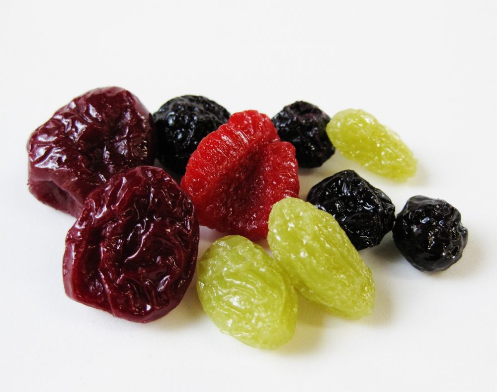 dried fruit, including raisins, blueberries, and raspberries