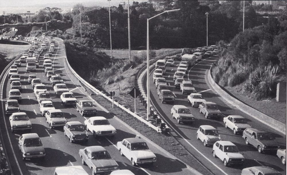 A traffic jam sometime in the 1970s