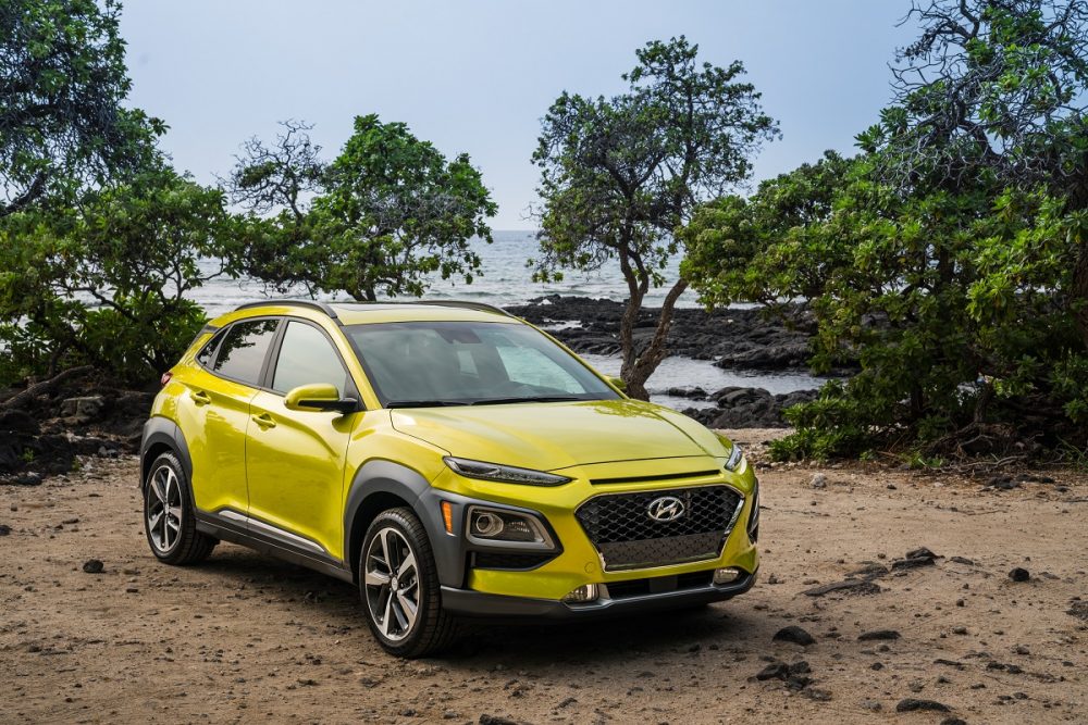 Front side view of 2020 Hyundai Kona with lime twist paint job