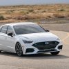 Front side view of 2021 Hyundai Sonata N Line cornering on track