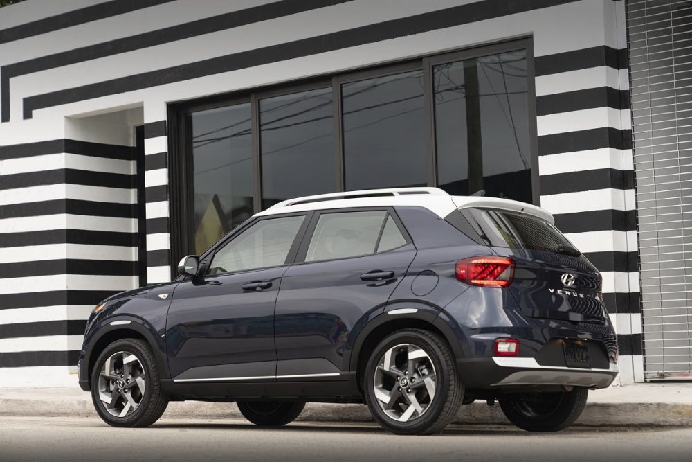 Rear side view of 2021 Hyundai Venue Denim trim with contrast roof