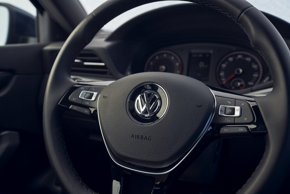 Close up view of 2021 Volkswagen Passat steering wheel