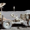 Record photo of the Apollo Lunar Roving Vehicle sitting on the moon with the Apollo 15 mission