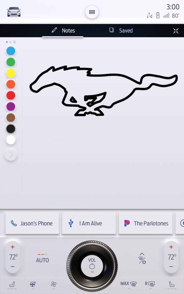 A drawing of the Mustang pony emblem on the 2021 Ford Mustang Mach-E's Sketch app