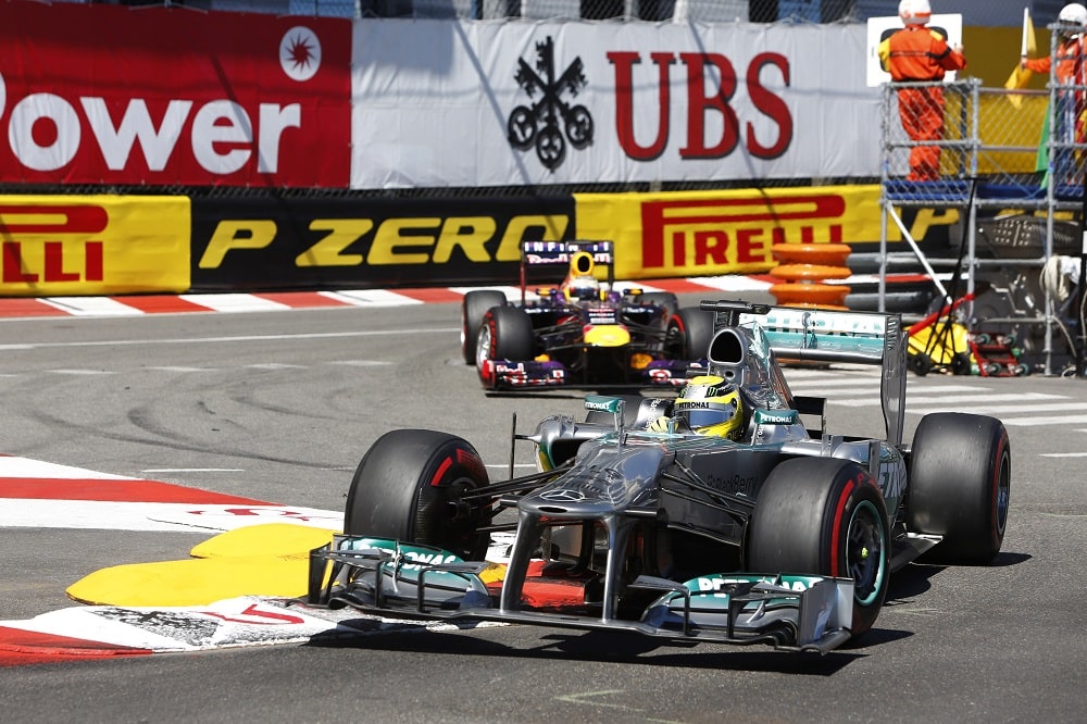 Nico Rosberg leads Sebastian Vettel at the 2013 Monaco Grand Prix