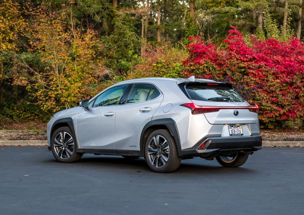 Back-angle view of silver 2021 Lexus UX