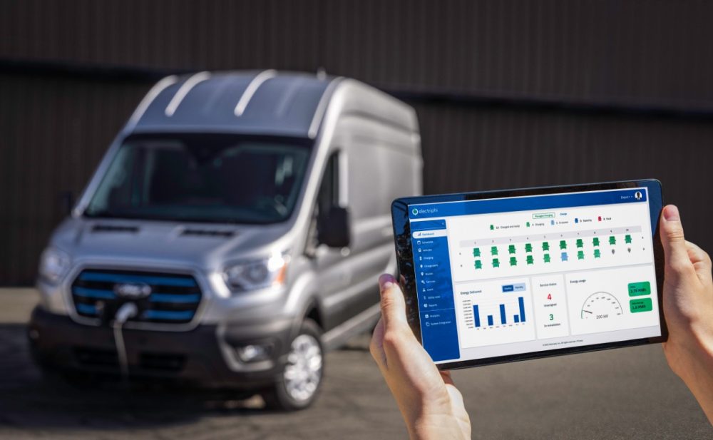 2022 Ford E-Transit and a tablet running Electriphi fleet charging management software