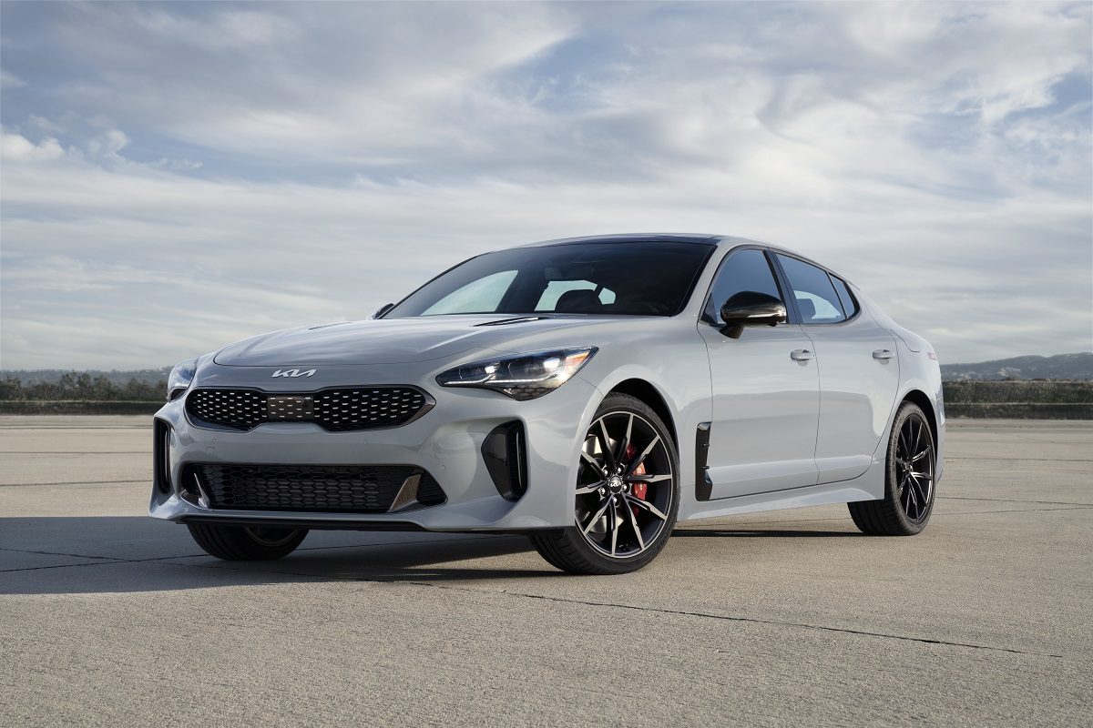 Front, angled view of the 2022 Kia Stinger Scorpion Special Edition in Ceramic Silver