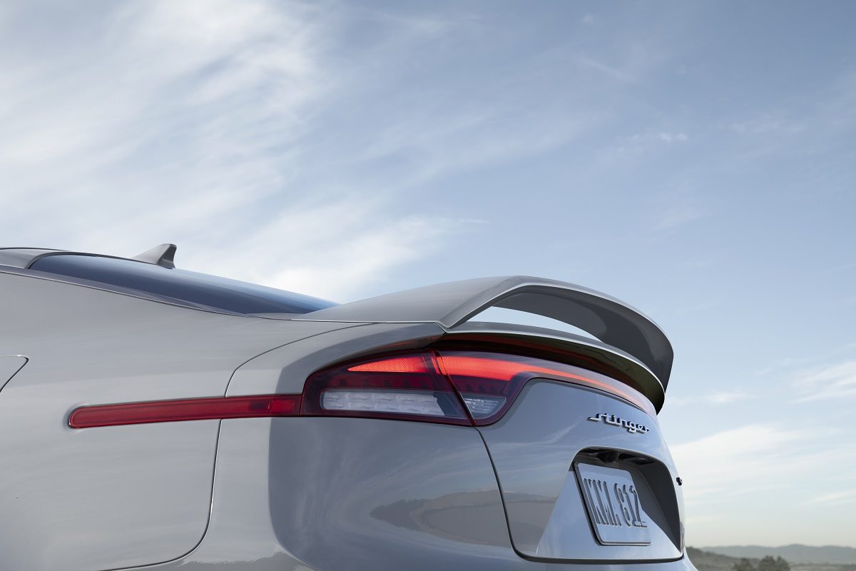 Close up view of rear spoiler on the 2022 Kia Stinger Scorpion Special Edition in Ceramic Silver