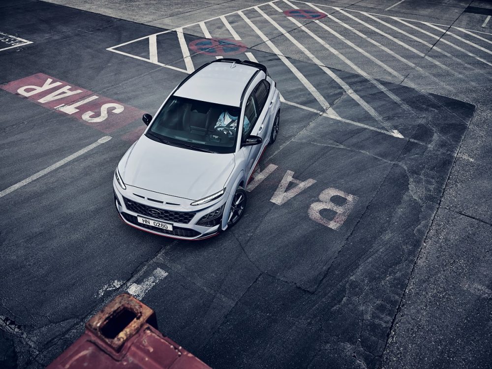 Overhead view of 2022 Hyundai Kona N on city street