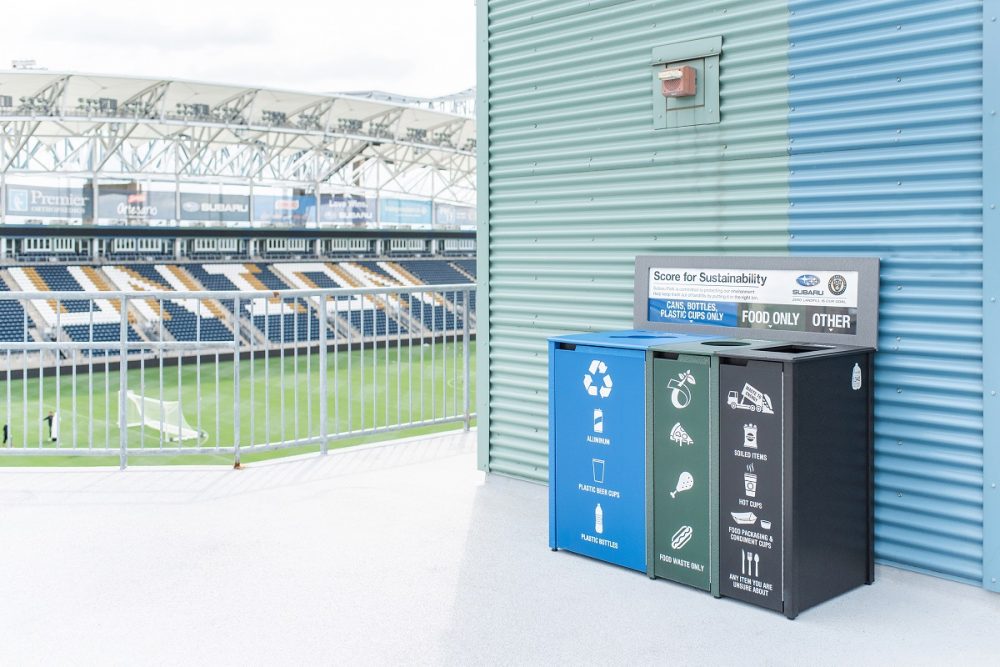 Philadelphia Union soccer team stadium with recycling bins in open area