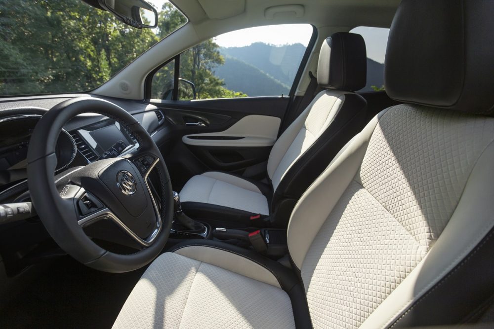 Side view of 2022 Buick Encore front seats and steering wheel