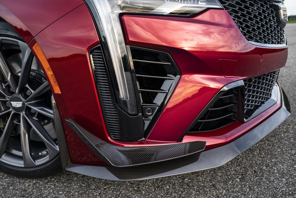 Close-up of 2022 Cadillac CT4-V Blackwing front end and front dive planes