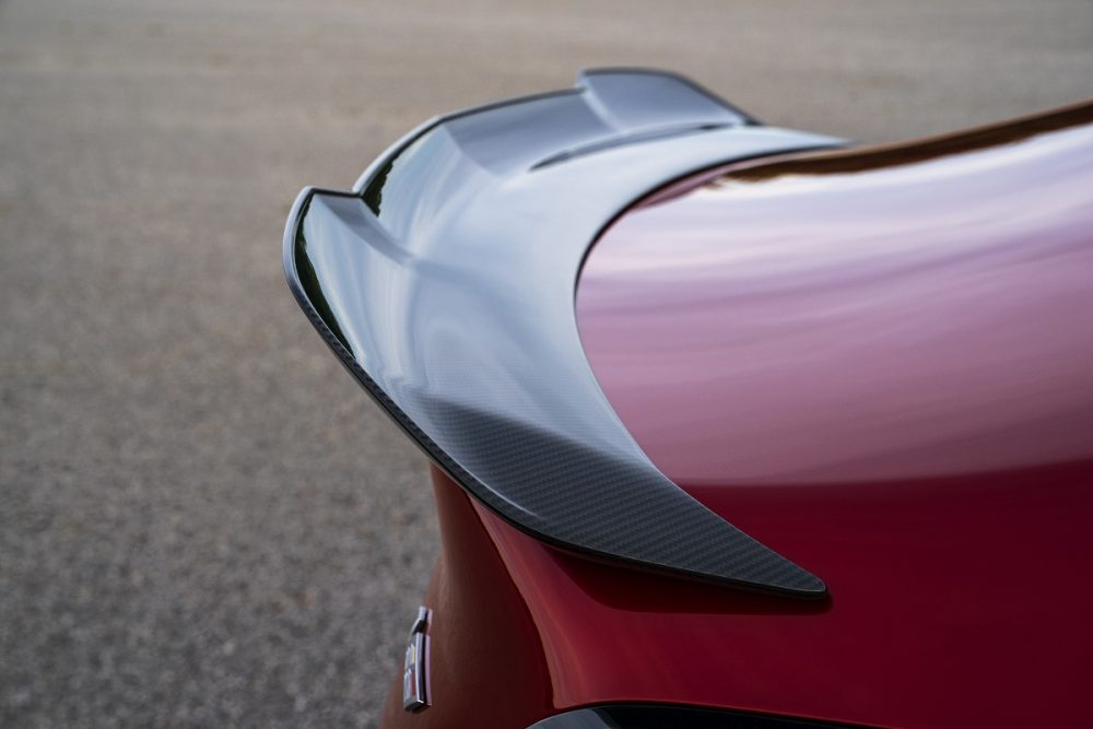 Close-up of integrated rear spoiler on 2022 Cadillac CT4-V Blackwing 