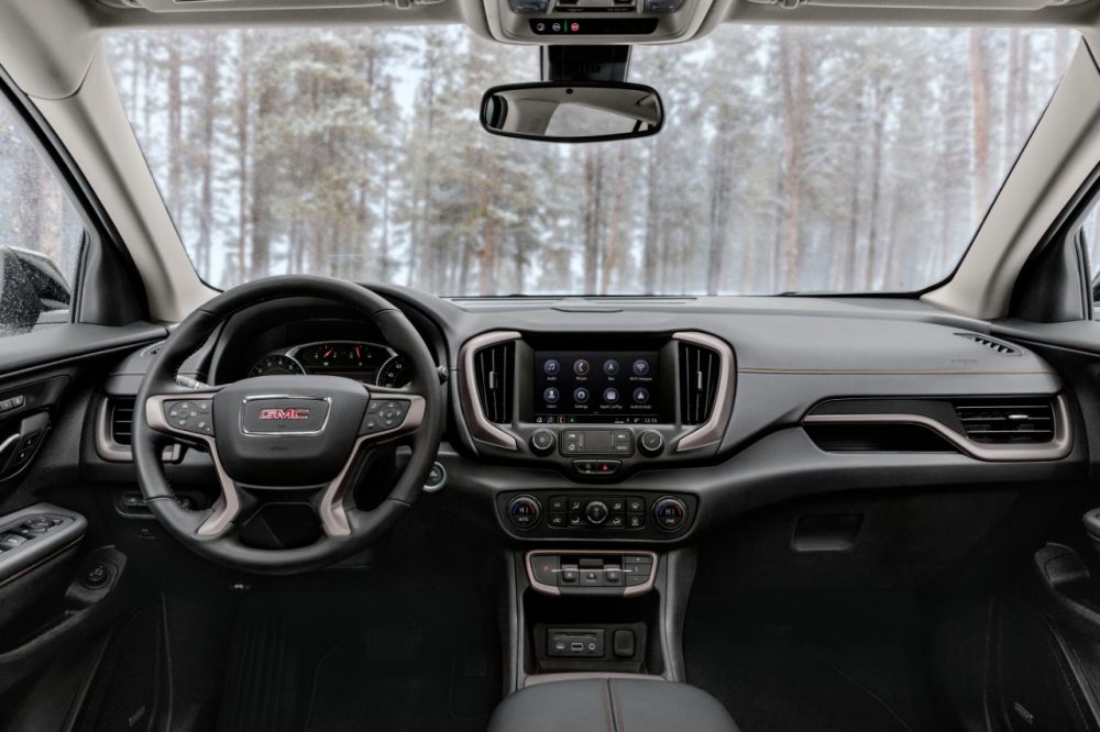 Front seats, dashboard, and infotainment system of the 2022 GMC Terrain