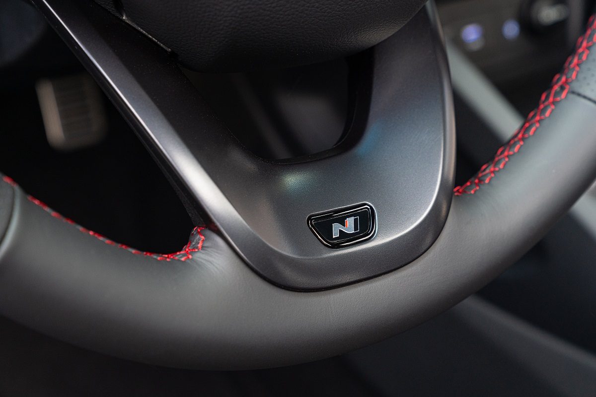 2022 Hyundai Kona N Line steering wheel detail and N branding