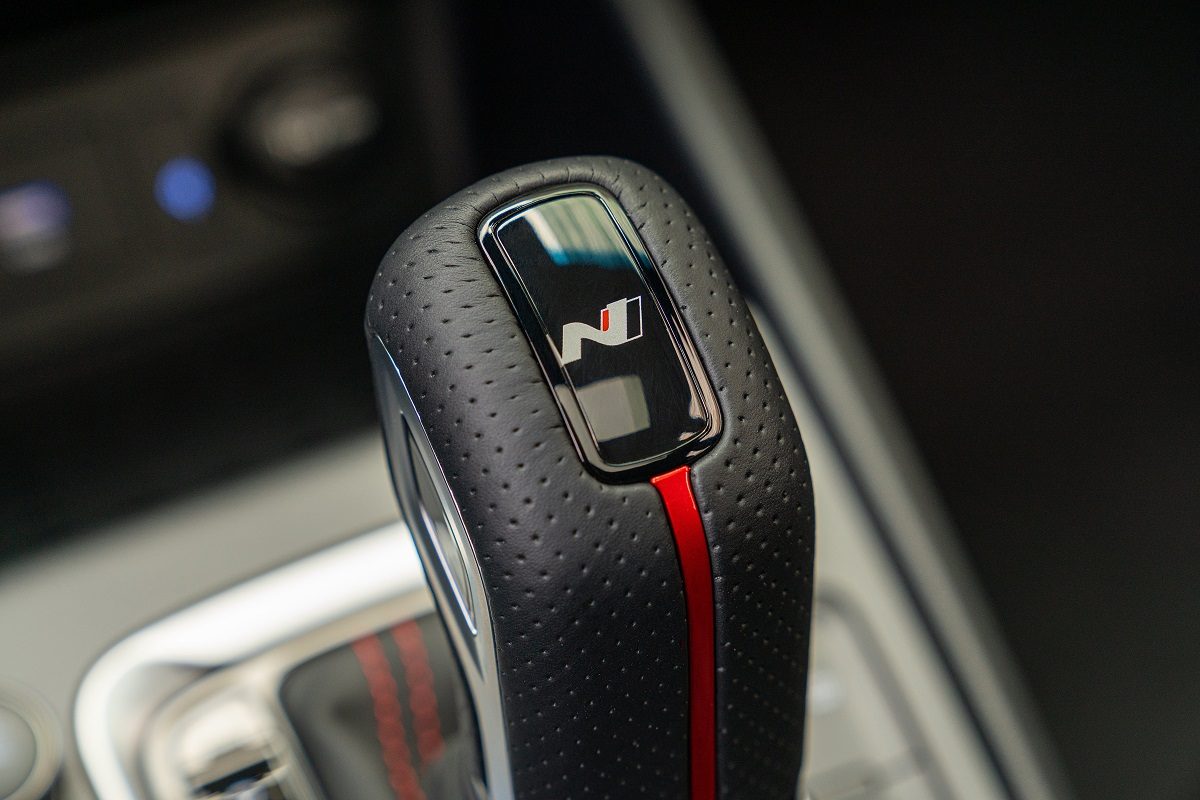 Close-up of 2022 Hyundai Kona N Line shifter with N branding