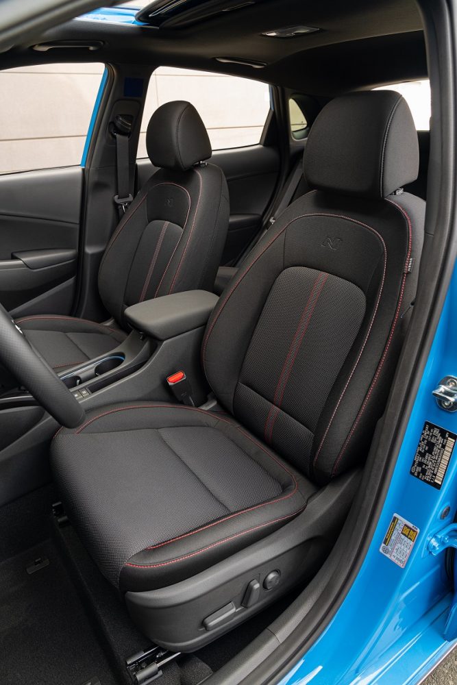 2022 Hyundai Kona N Line front seats with red stitching