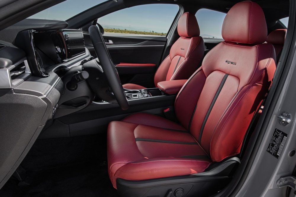 Red leather front seats of the 2022 Kia K5 GT-Line