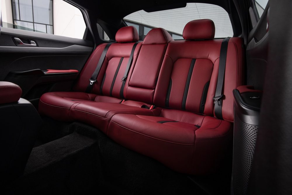 Red leather rear seating of the 2022 Kia K5 GT-Line