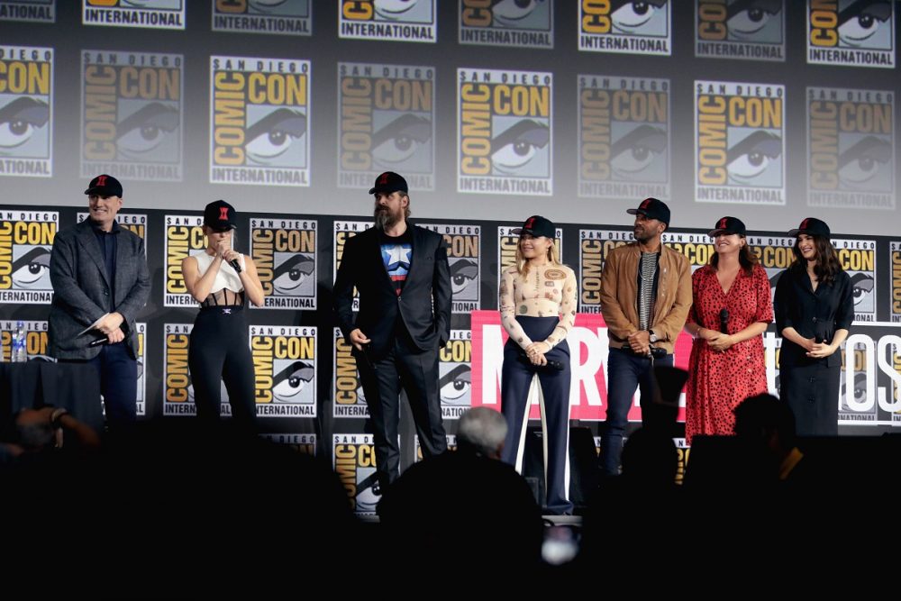 Kevin Feige, Scarlett Johansson, David Harbour, Florence Pugh, O. T. Fagbenle, Cate Shortland and Rachel Weisz speaking at the 2019 San Diego Comic Con International, for "Black Widow", at the San Diego Convention Center in San Diego, California.