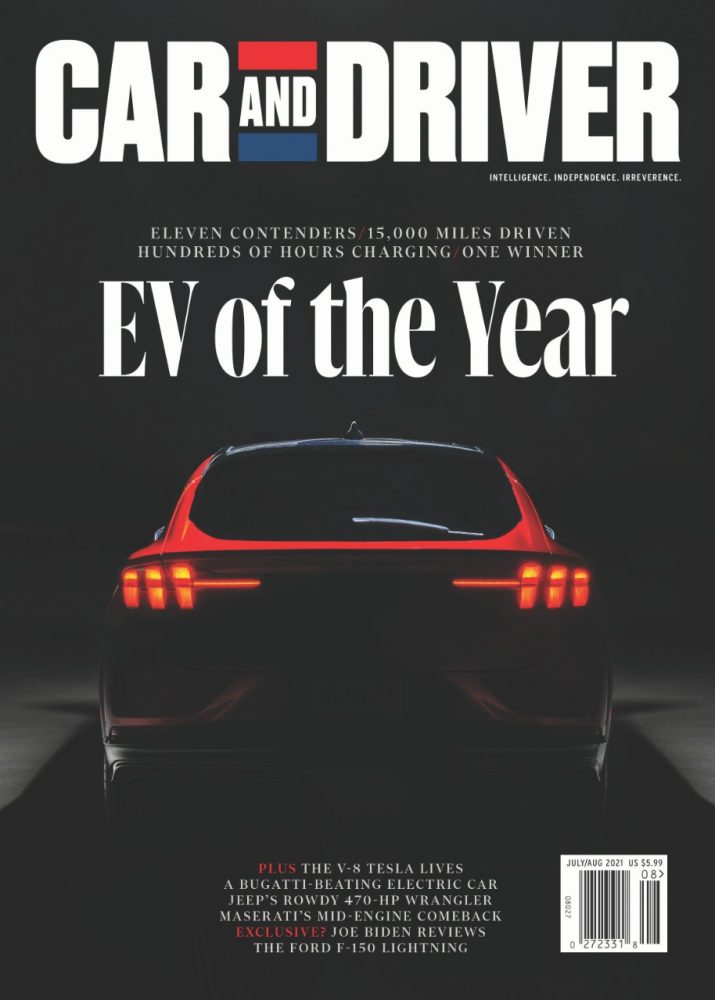 Cover of Car and Driver July-August Issue naming the Ford Mustang Mach-E the 2021 EV of the Year