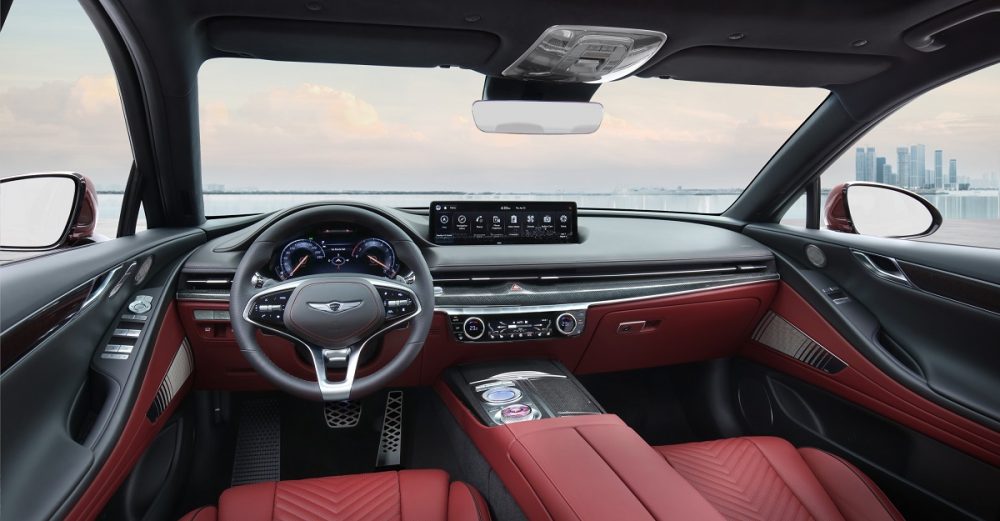 Front seats, steering wheel, console and dash of Genesis G80 Sport