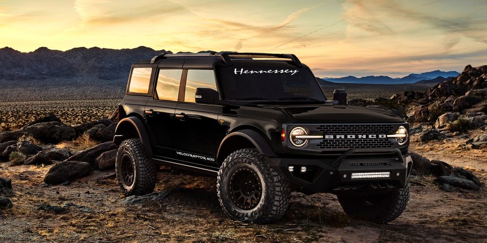 Hennessey VelociRaptor 400 Bronco parked off-road at the top of a canyon
