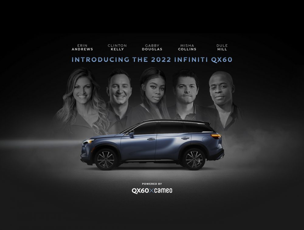 INFINITI QX60 teaser poster featuring Erin Andrew, Clinton Kelly, Gabby Douglas, Misha Collins, and Dule Hill in the background.