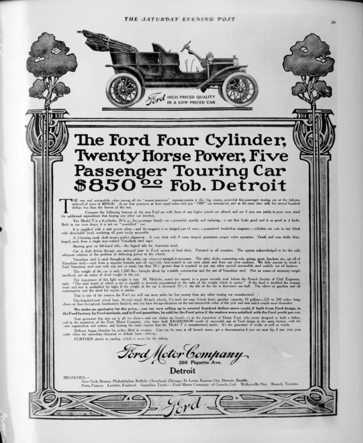 1908 Ford Model T advertisement in Saturday Evening Post