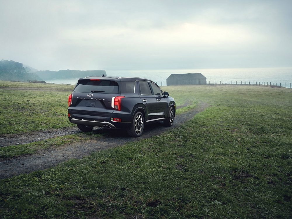 Rear side view of 2021 Hyundai Palisade on off-road track near seaside cliffs