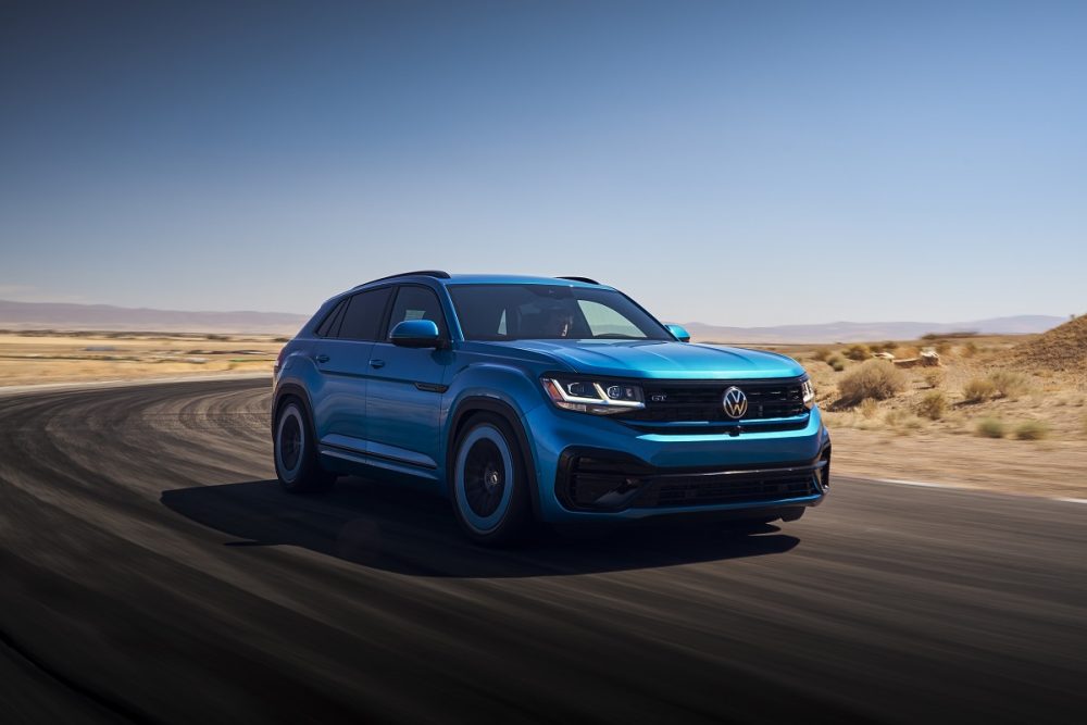 The 2021 Volkswagen Atlas Cross Sport GT concept driving on a desert highway