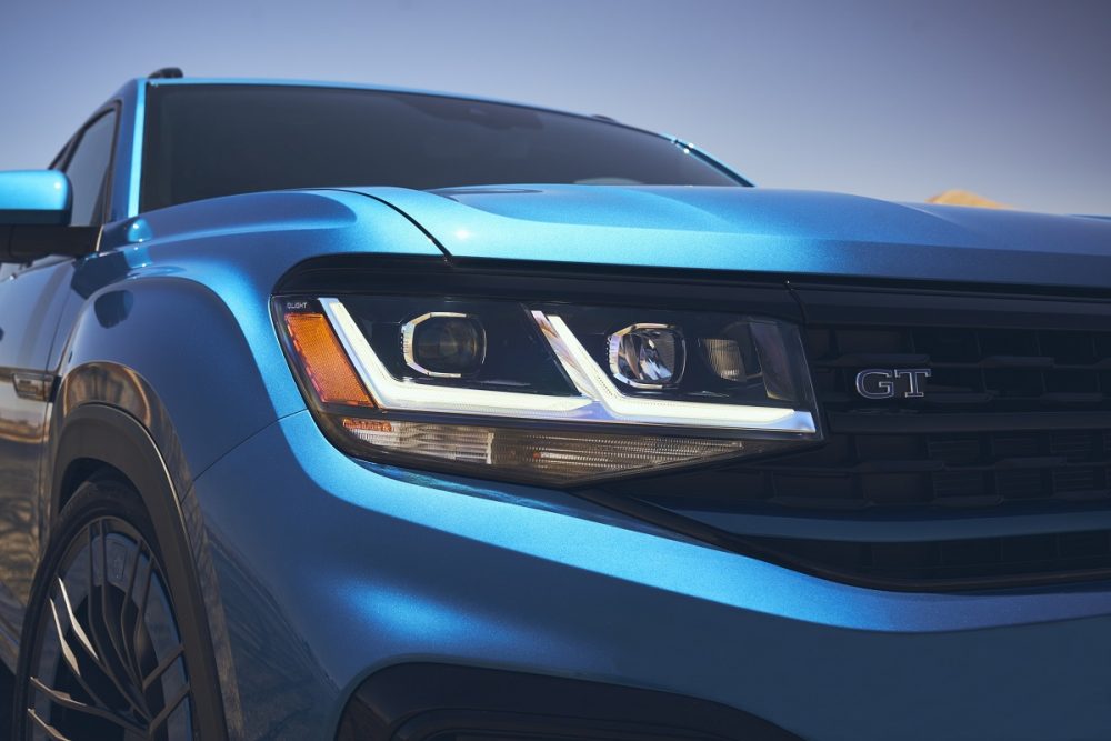 Close up of the front headlight and grille on the 2021 Volkswagen Atlas Cross Sport GT concept