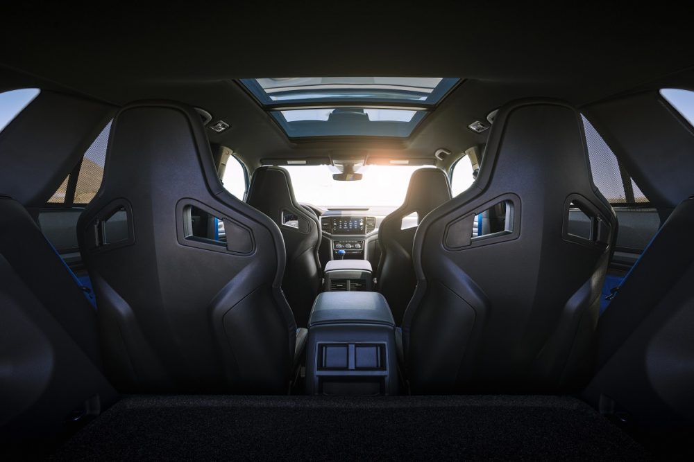 Interior photo of the 2021 Volkswagen Atlas Cross Sport GT concept from behind the back seats