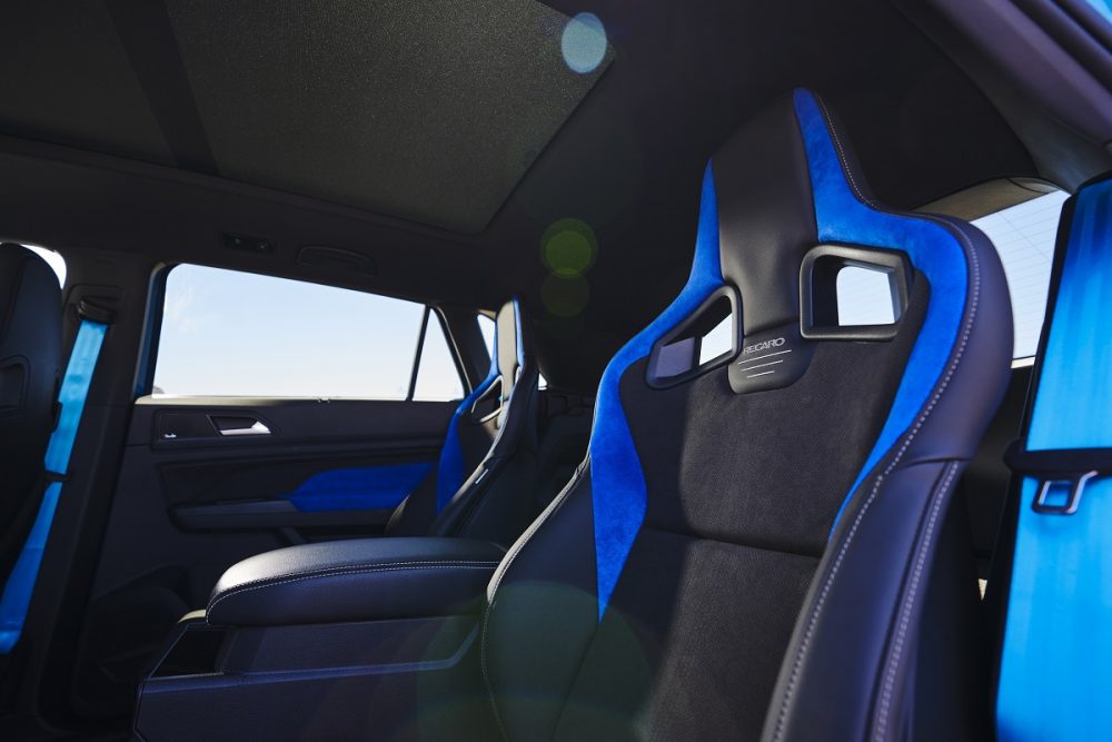 Close up of the rear Kingfisher Blue and black Recaro seats in the 2021 Volkswagen Atlas Cross Sport GT concept