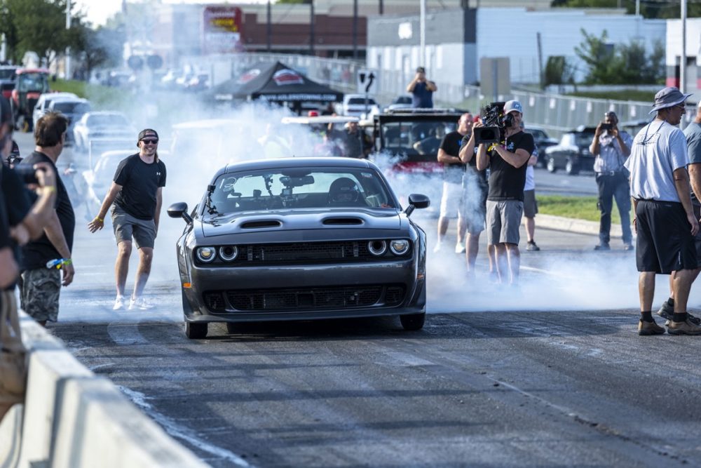 A car racing at the 2021 Roadkill Nights Powered by Dodge