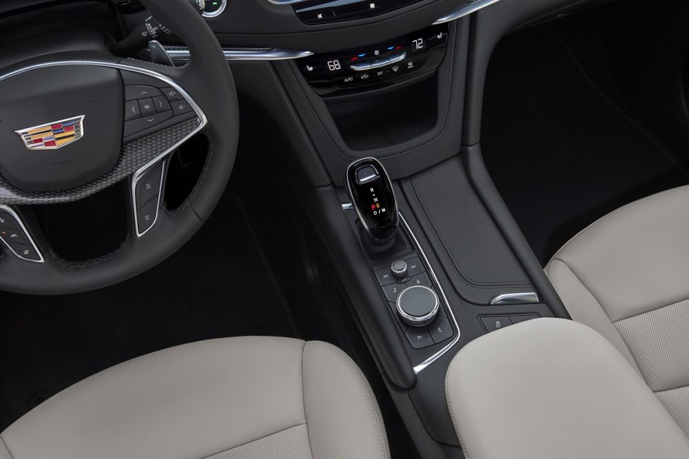 Close up of 2022 Cadillac XT5 interior with a focus on the gear shifter