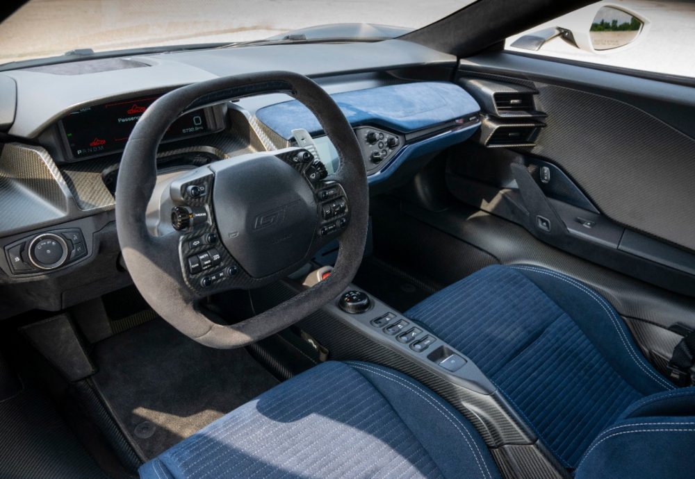 2022 Ford GT 64 Heritage Edition's Lightspeed Blue Alcantara-wrapped carbon-fiber seats and Ebony Alcantara leather-wrapped steering wheel