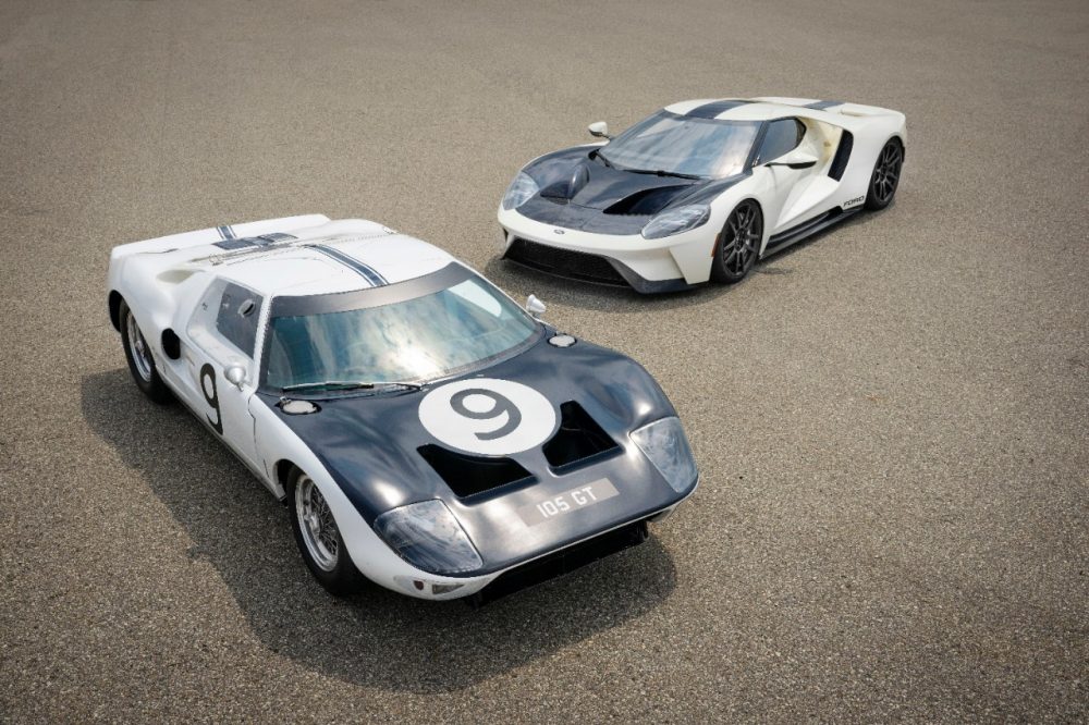 2022 Ford GT 64 Prototype Heritage Edition sitting beside the 1964 Ford GT105 prototype