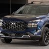 Close-up view of 2022 Hyundai Santa Fe XRT grille, front bumper, and front skid plates