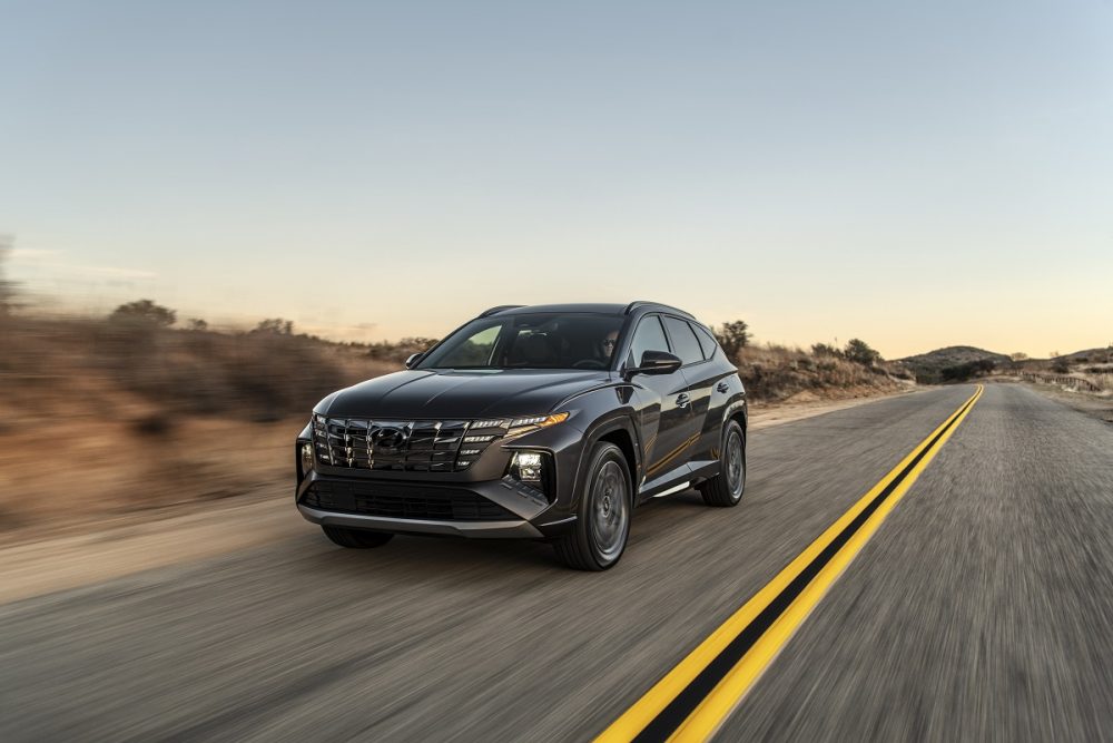 Front side view of 2022 Hyundai Tucson N Line driving down road