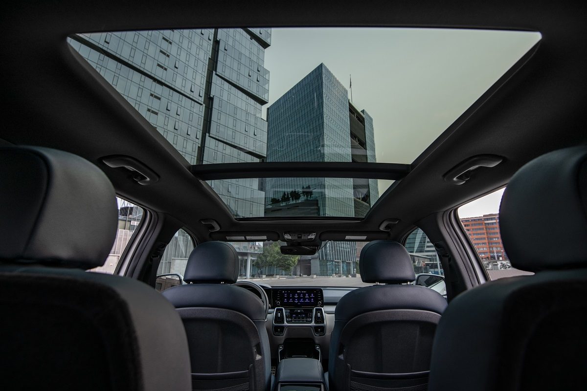 View looking up at the dual-pane sunroof inside the 2022 Kia Sorento PHEV