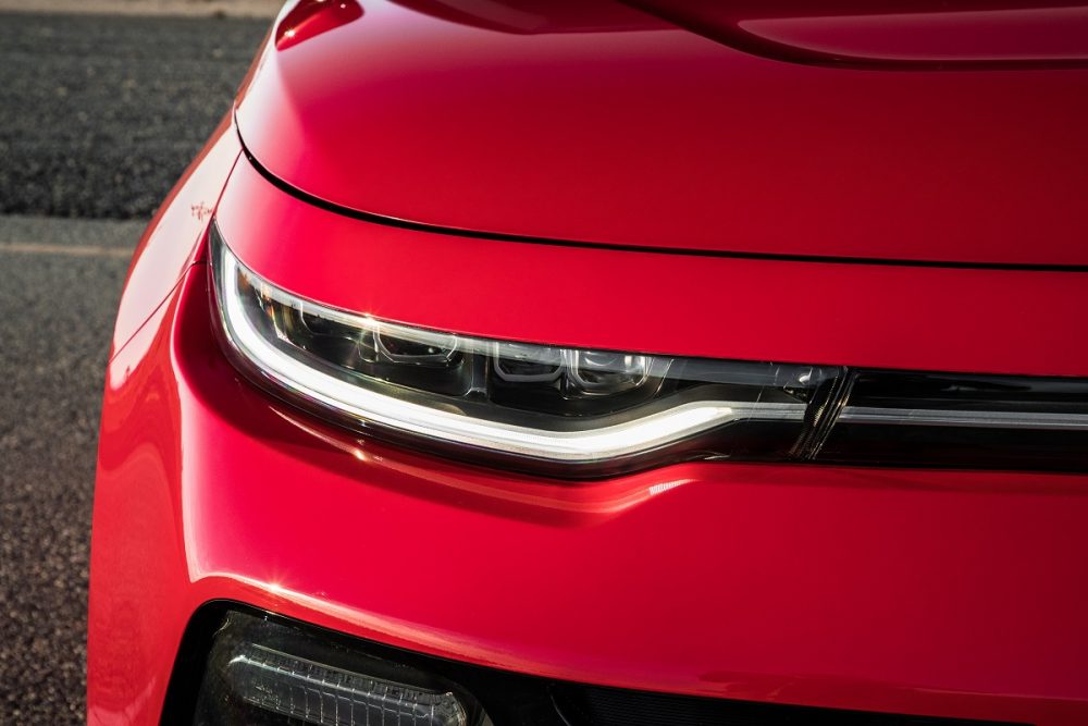 Close up of the 2022 Kia Soul headlight and hood