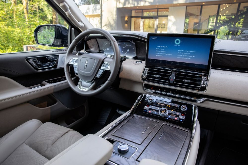 The front row of the 2022 Lincoln Navigator showing its 13.2-inch touch screen with the Constellation theme