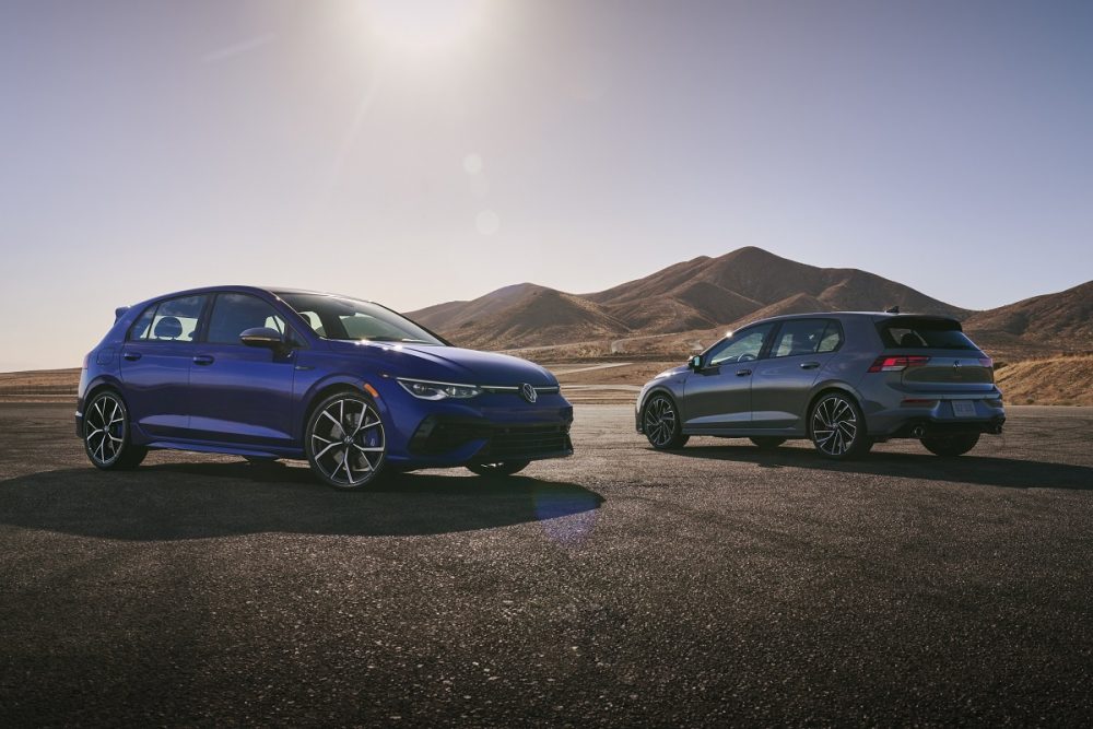 Exterior view of the 2022 Volkswagen Golf R and 2022 Volkswagen Golf GTI