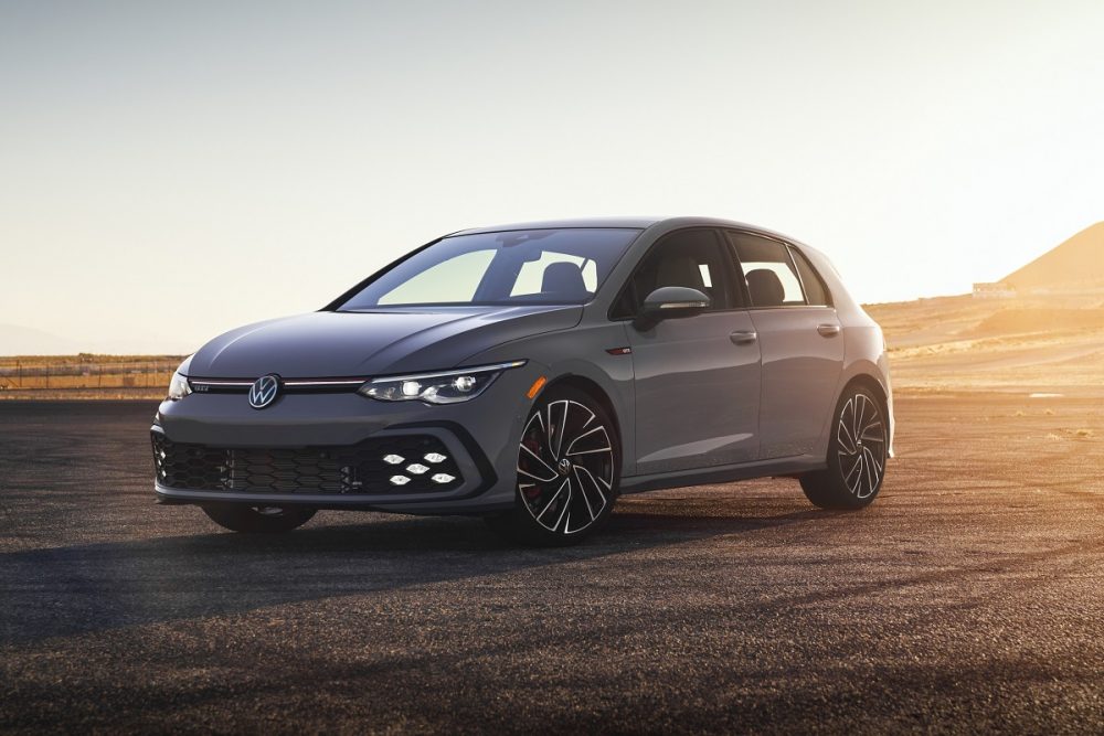 Front view of the 2022 Volkswagen Golf GTI parked at sunset