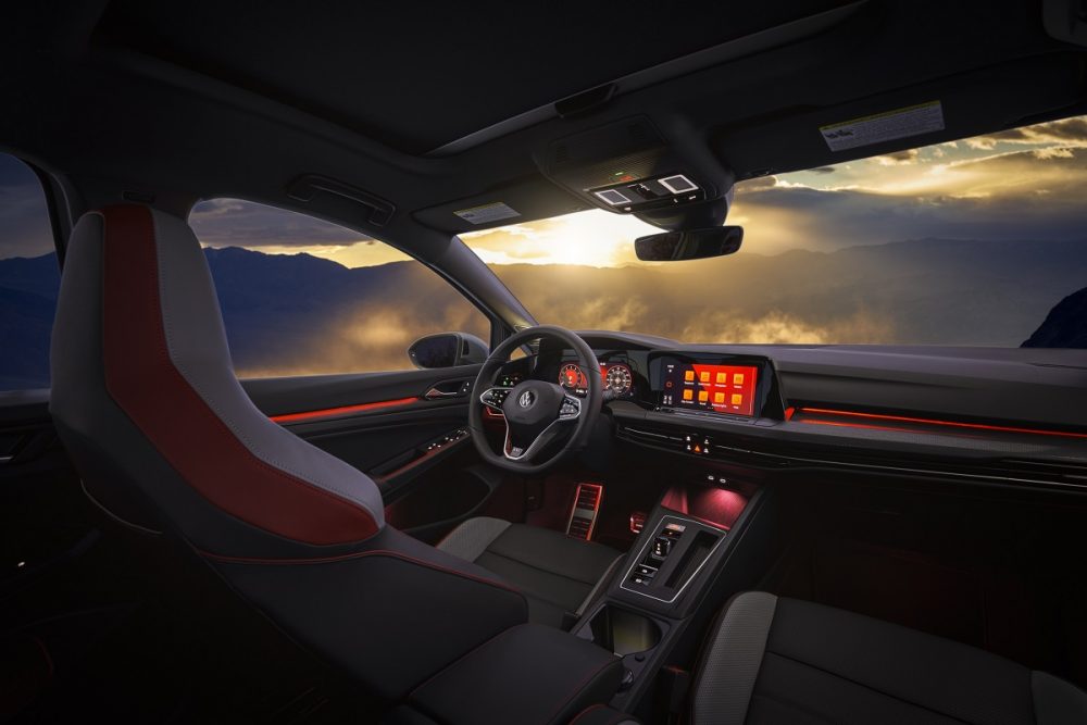 Interior view of the front seat area in the 2022 Volkswagen Golf GTI